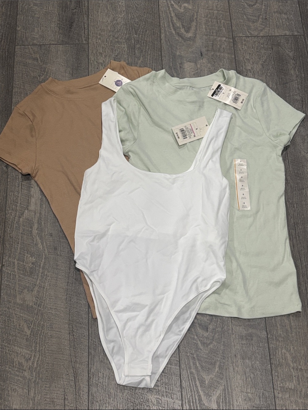 Women’s White Scoop Neck Bodysuit & Mint and Tan Crew Neck Tops - Set